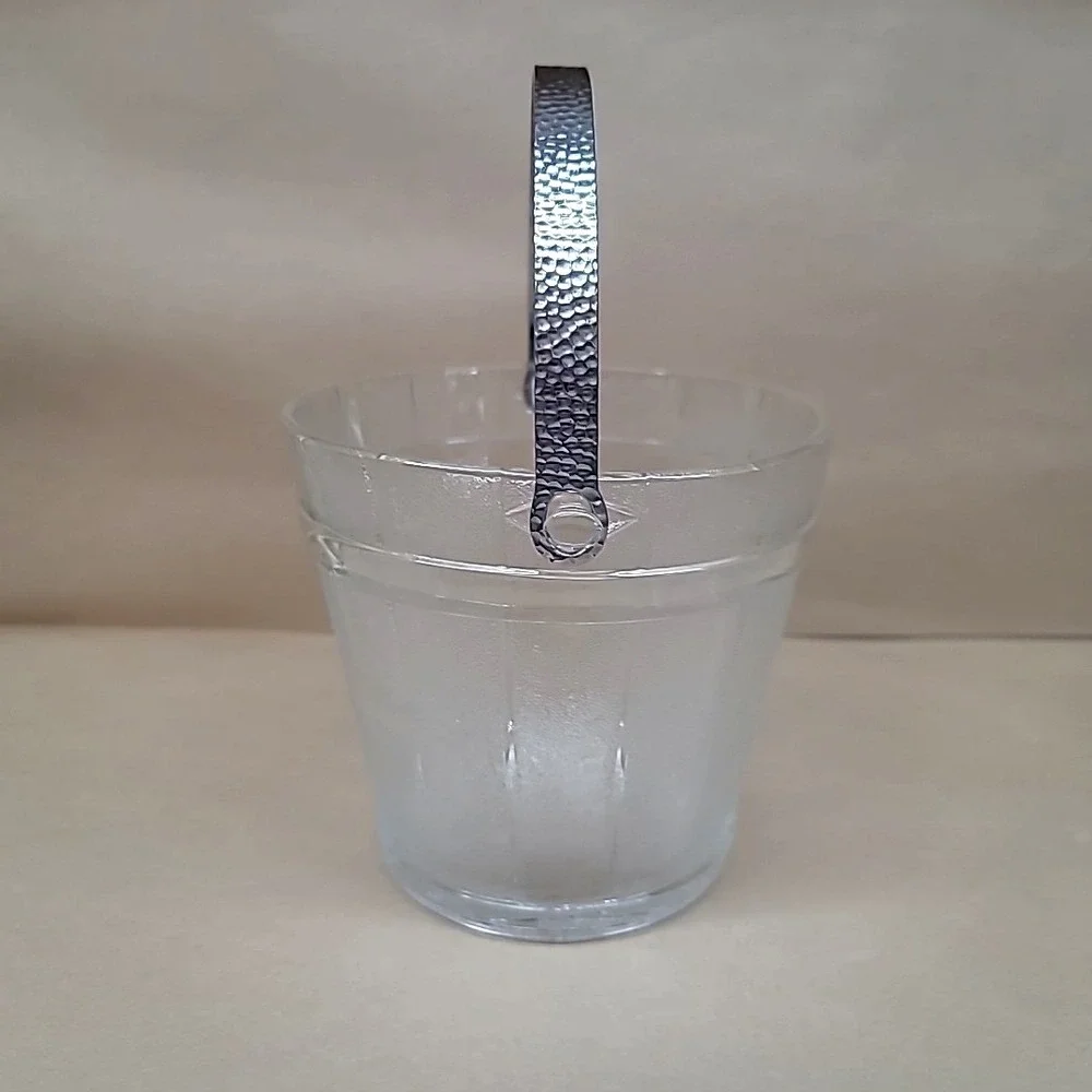 Vintage Textured Clear Glass Keg Barware Ice Bucket w/Hammered Handle & Tongs